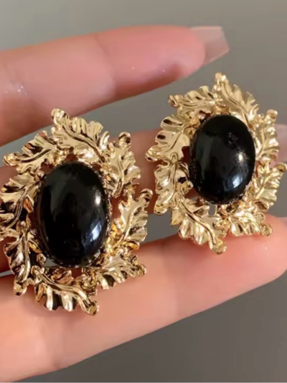 Gold Leaf Frame Earrings with Black Stone
